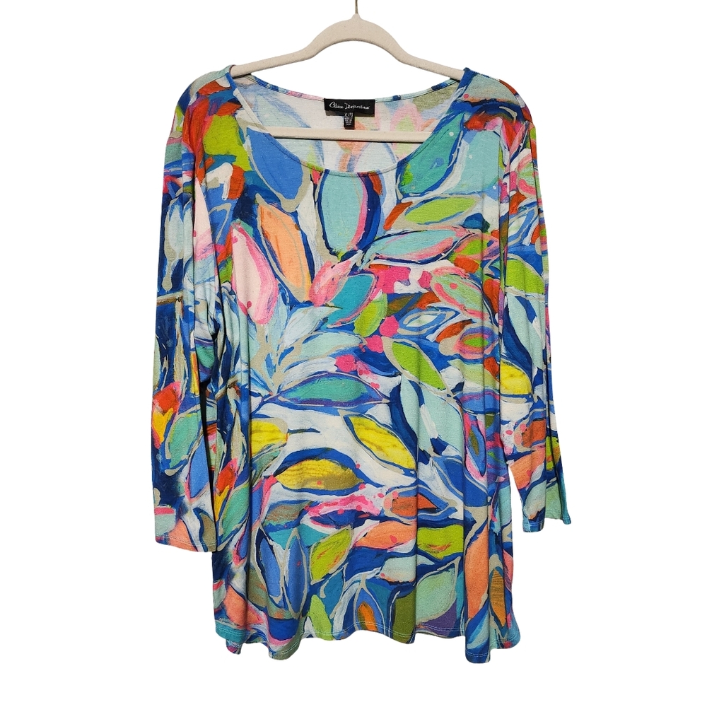 CLAIRE DESJARDINS Tunic Top Womens XL Multicolor Abstract Print Asymmetrical Hem - Picture 2 of 11